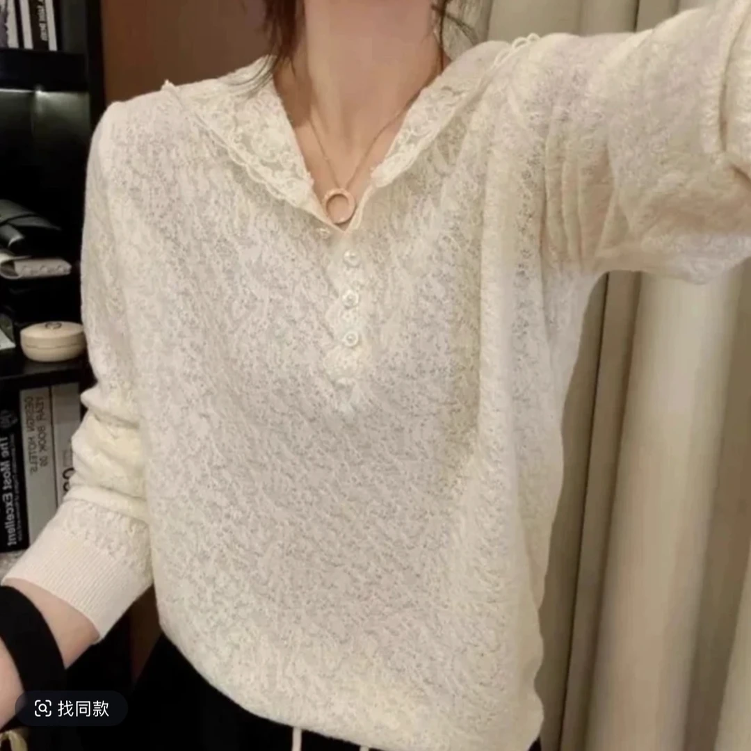 法式连帽蕾丝花边钩花上衣春季内搭高级感宽松打底衫