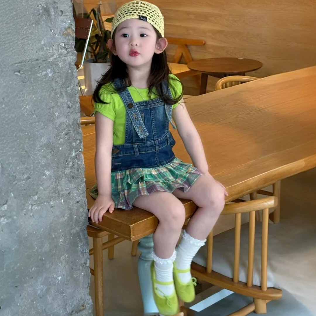 小惜亦女童夏季2025新款韩版绿色短袖牛仔背带裙洋气女童套装