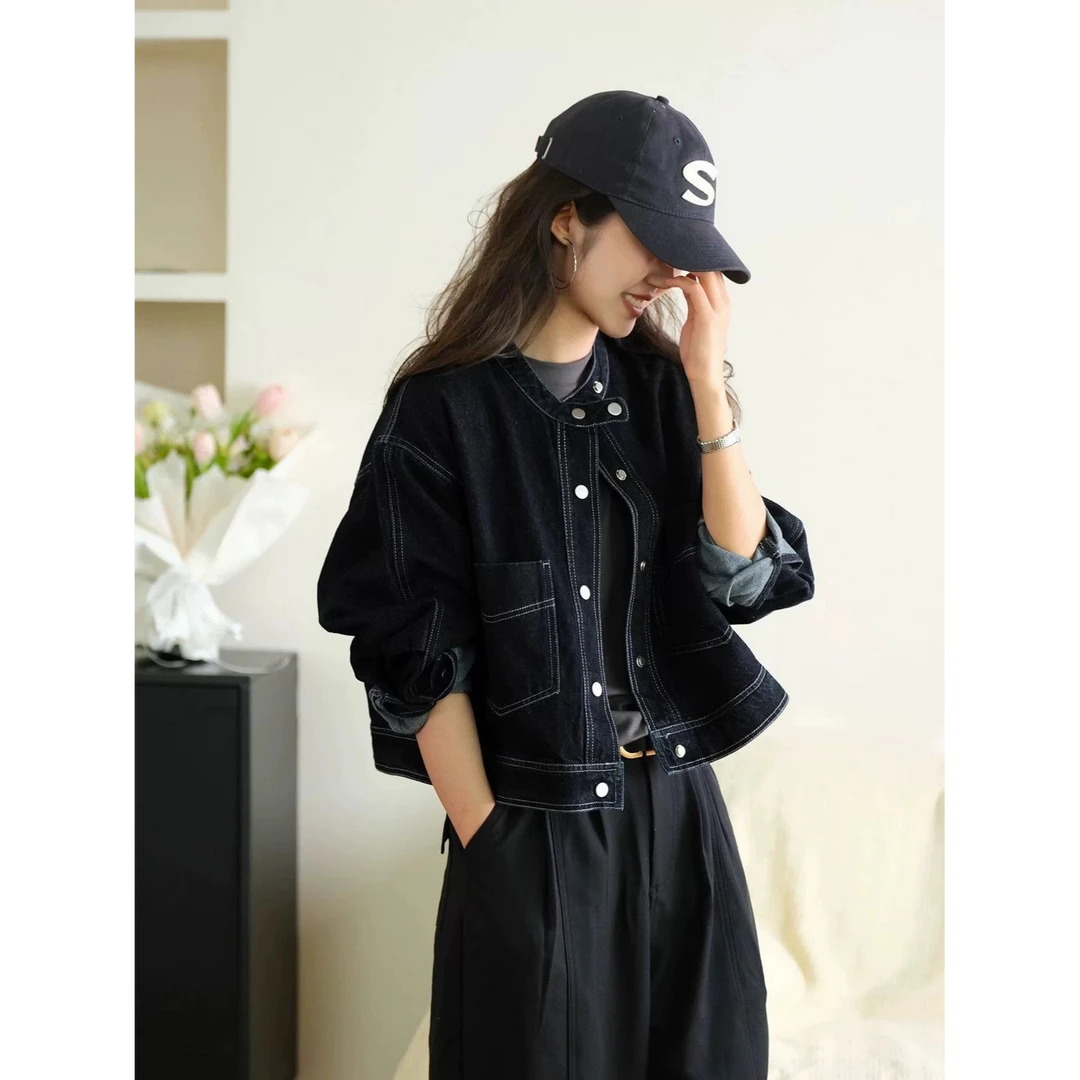 韩版宽松显瘦百搭休闲牛仔外套女2025春秋新款深蓝色短款夹克上衣