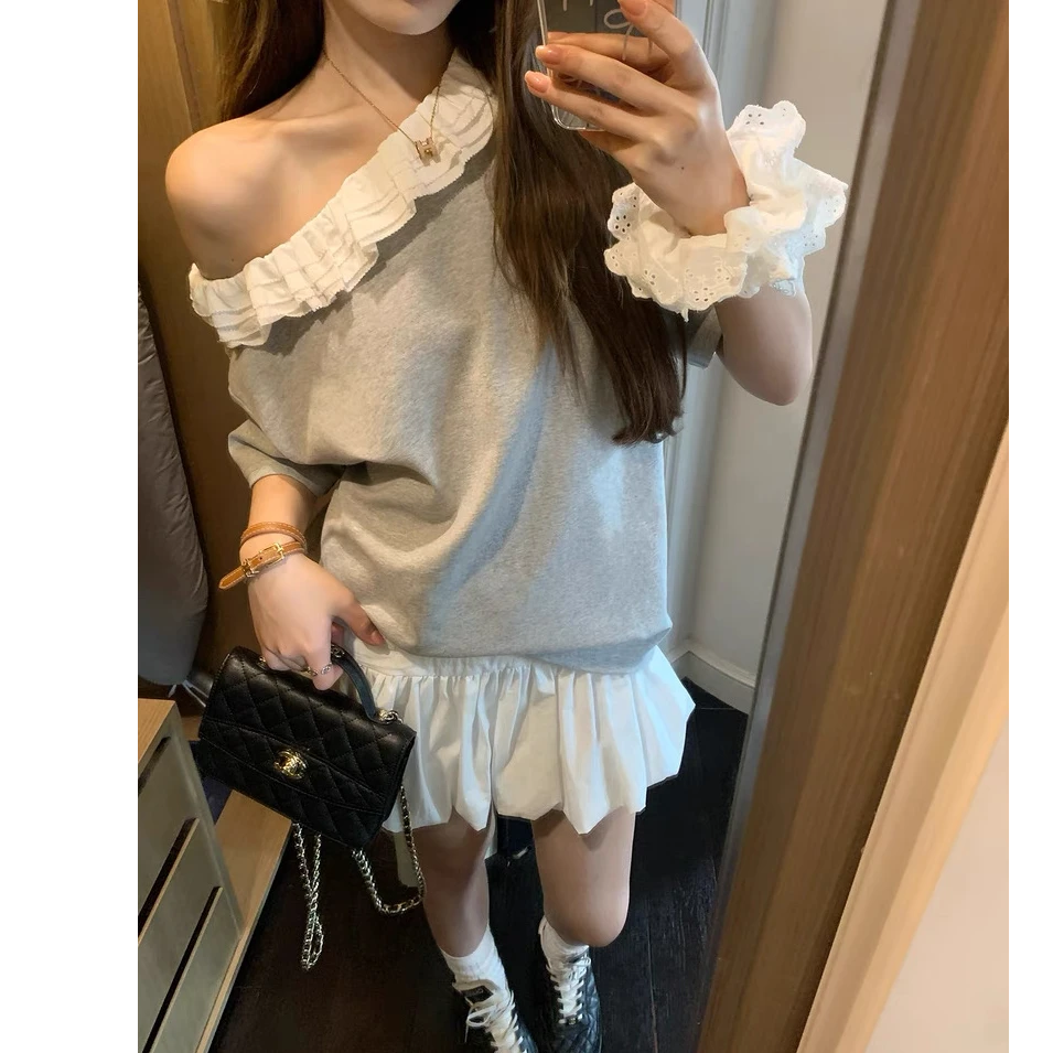 松弛vacation 花边设计感斜肩短袖上衣女气质简约夏季小衫C6080