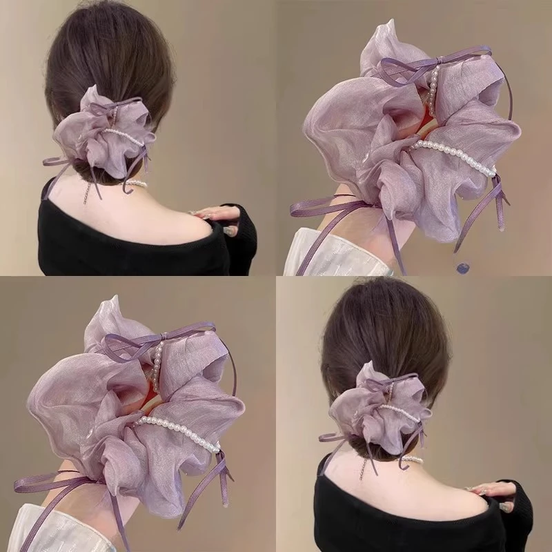 超仙珍珠雪纺飘带大肠发圈女2025新款高级感发绳超大头圈百搭发饰