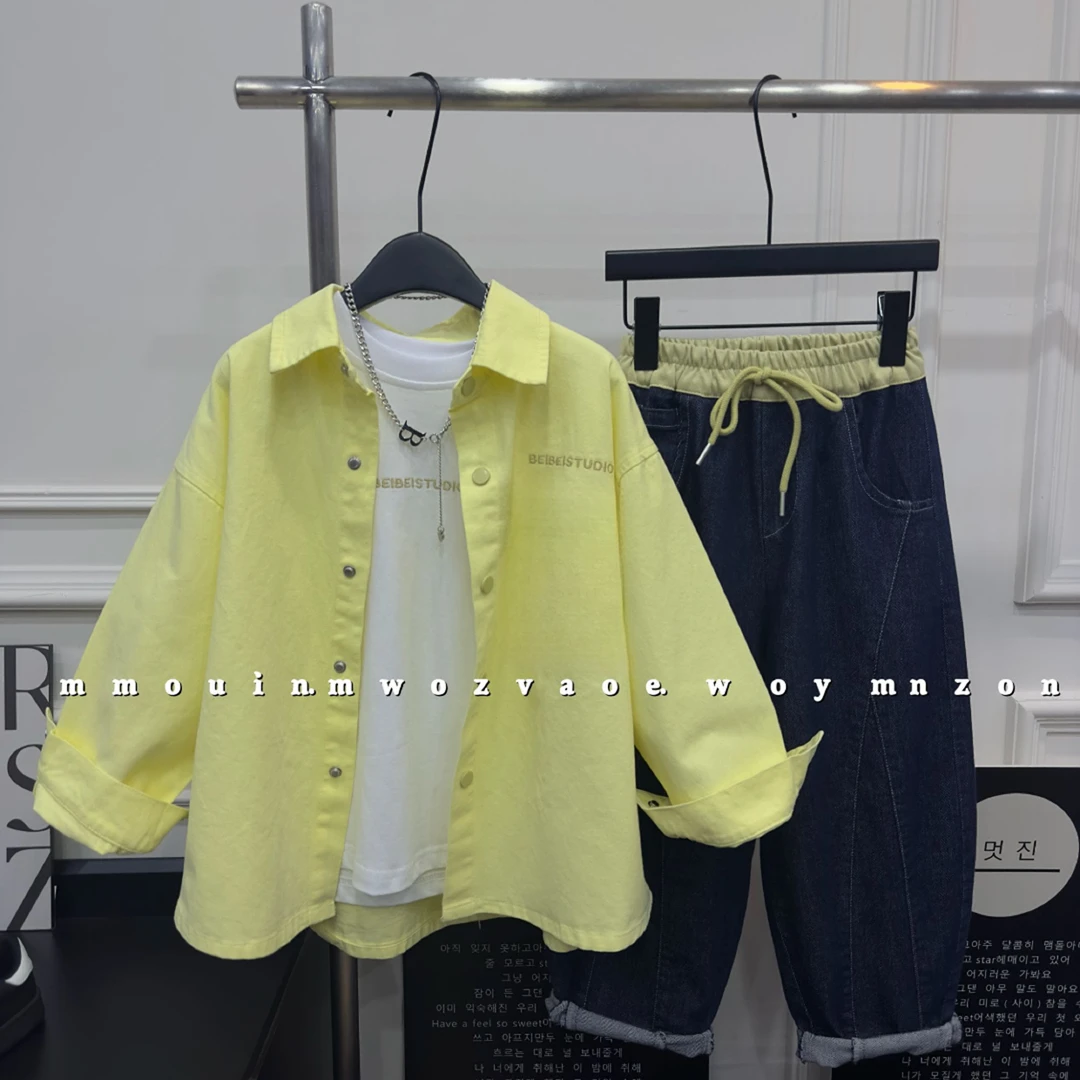 儿童春装新款衬衣打底衫两件套中大童帅气套装