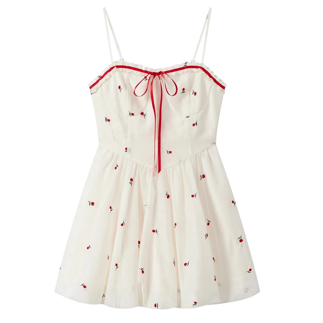 羊城故事-杏色樱桃刺绣吊带连衣裙女甜美a字短裙Y50449366