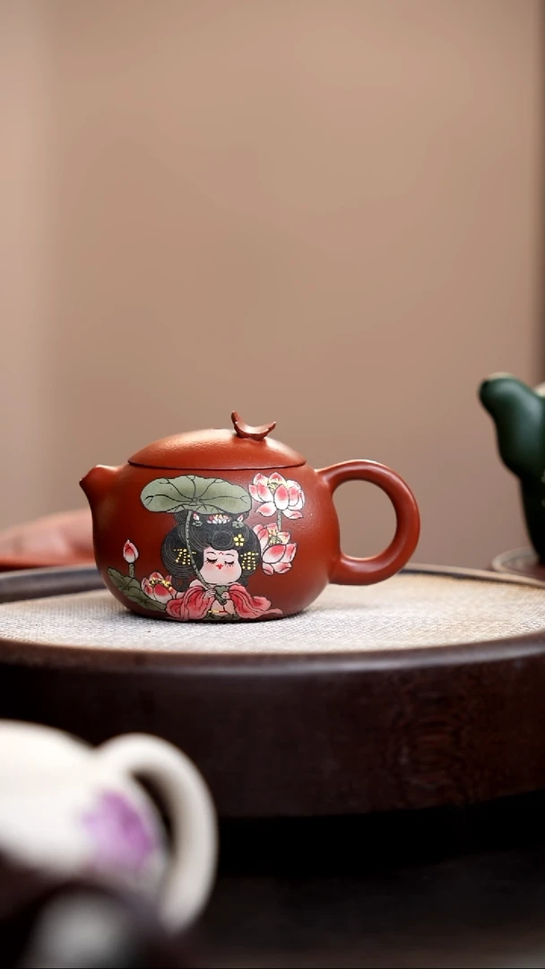 茶壶紫砂朱泥蝴蝶西施泥绘唐美人荷花