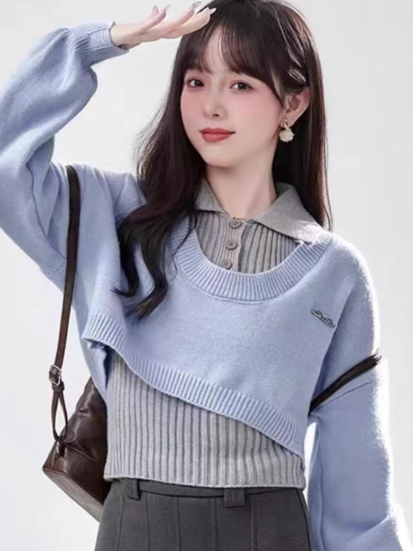 2025春秋新款美式小个子短款毛衣女设计感Polo领针织衫两件套上衣