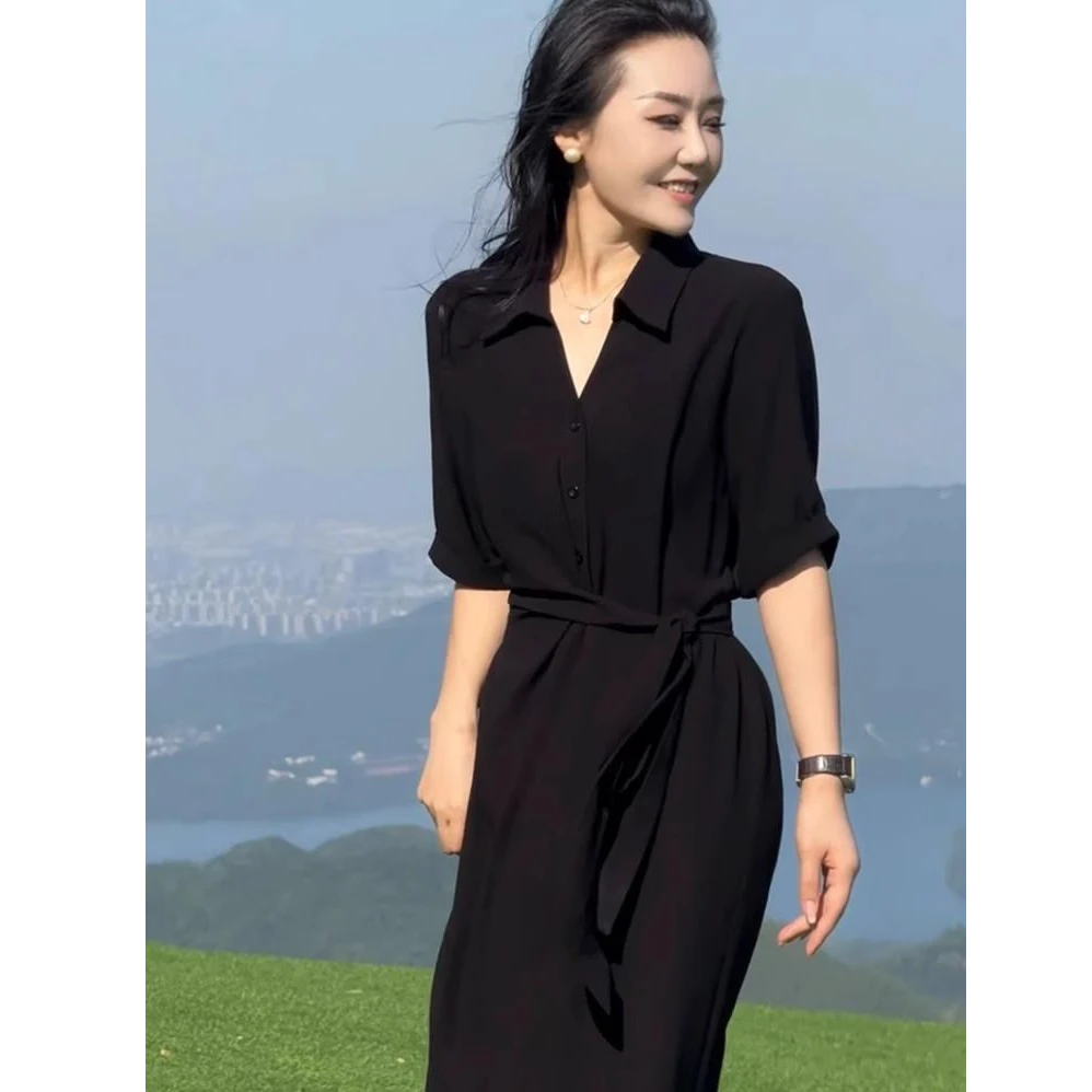 大码胖mm轻奢高级感气质黑色连衣裙女夏季裙子衬衫裙赫本风小黑裙