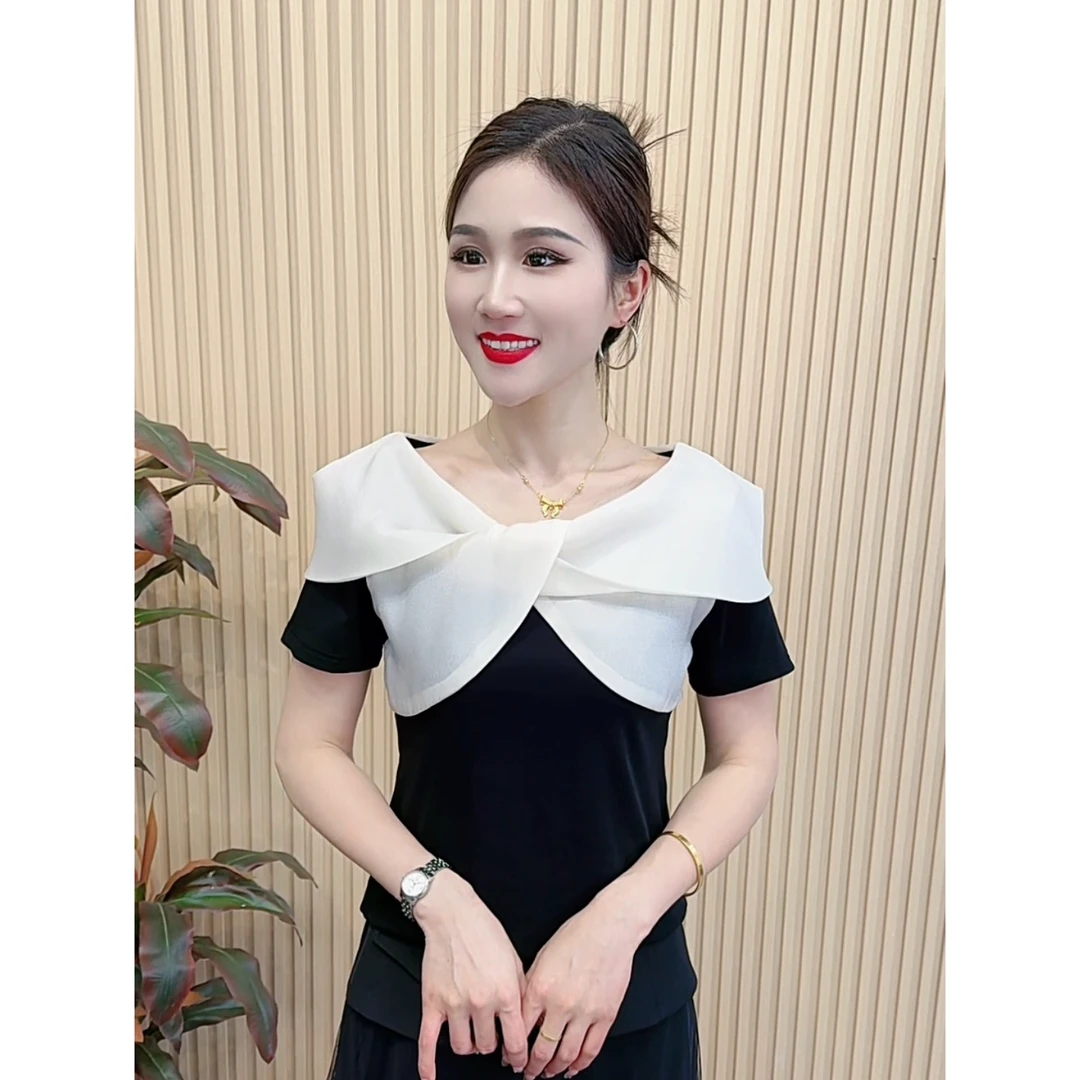 夏季新款时尚法式设计感洋气交叉领t恤气质显瘦短袖上衣7776