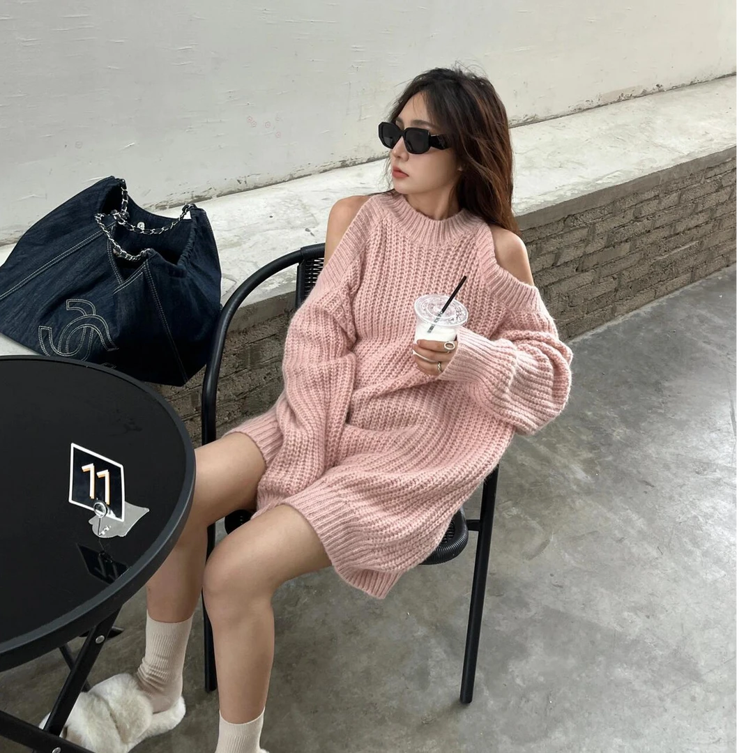 温柔慵懒风别致纯欲小心机露肩毛衣裙秋冬季韩系减龄高级感连衣裙