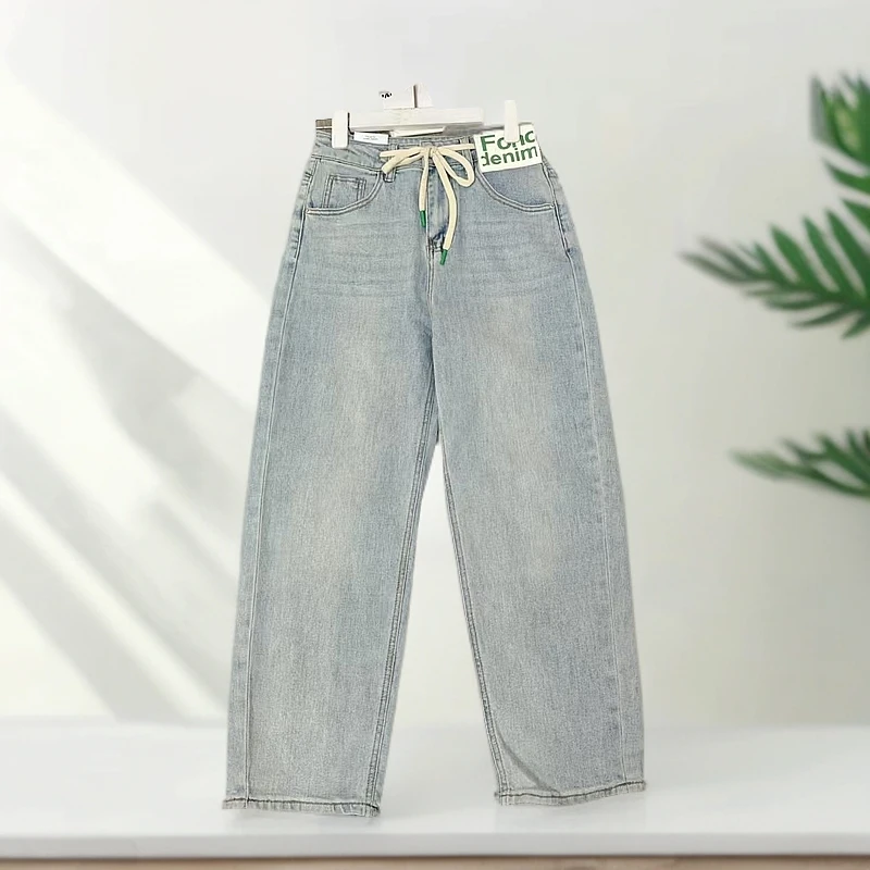 B6305春季新款系腰带字母皮标膜拜水洗宽松牛仔裤