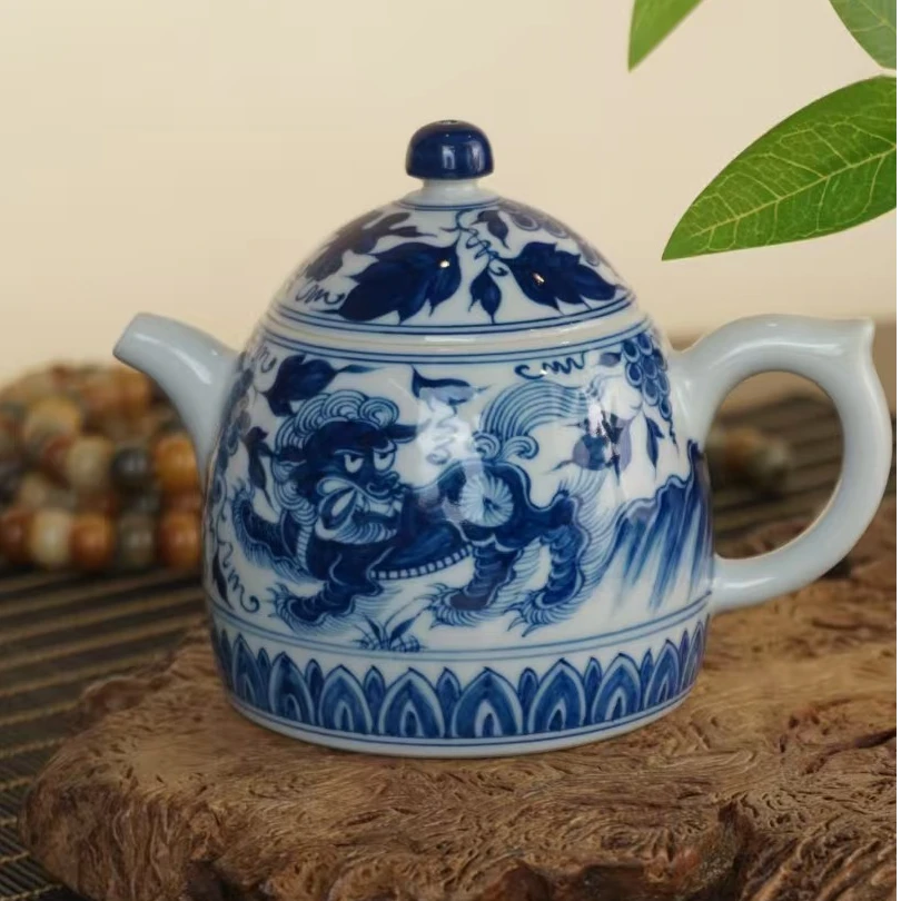 怀山堂仿元仿元秦权壶手绘青花瓷醒狮双狮陶瓷釉下彩柴窑180cc