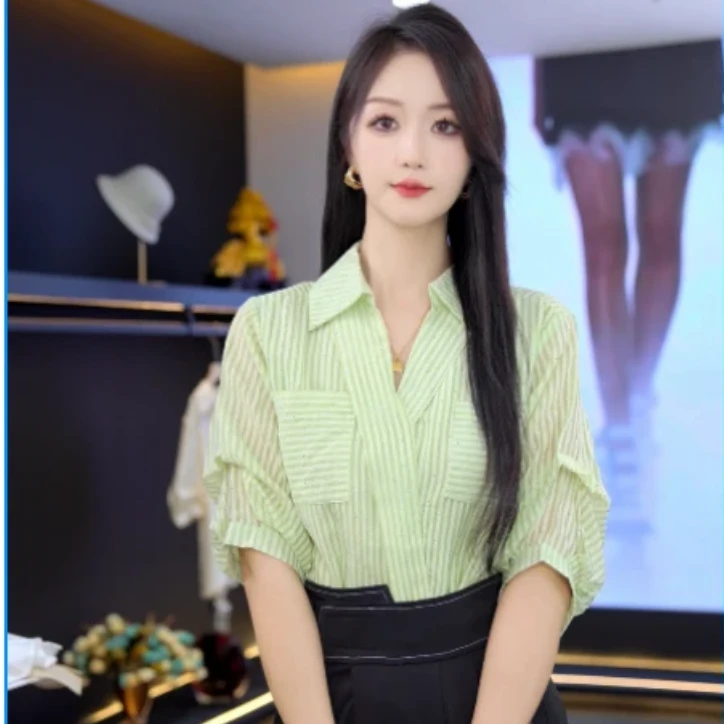 法式条纹衬衫2025夏季新款气质通勤短袖衬衣设计感烫宽松上衣