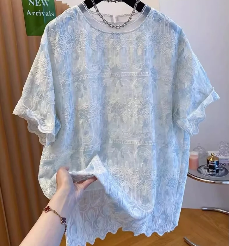 夏装时尚新款通勤百搭大码女装气质蕾丝花边圆领短袖t恤宽松上衣
