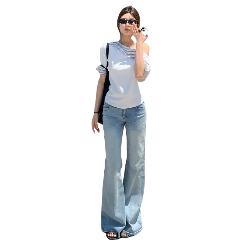 浅蓝微喇叭牛仔裤女新款2025年春夏款低腰美式辣妹复古拖地长裤子