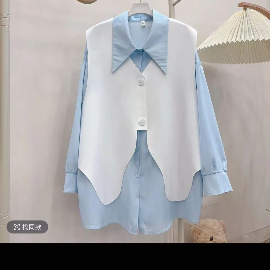 春季新款百搭显瘦不规则衬衫马甲两件套