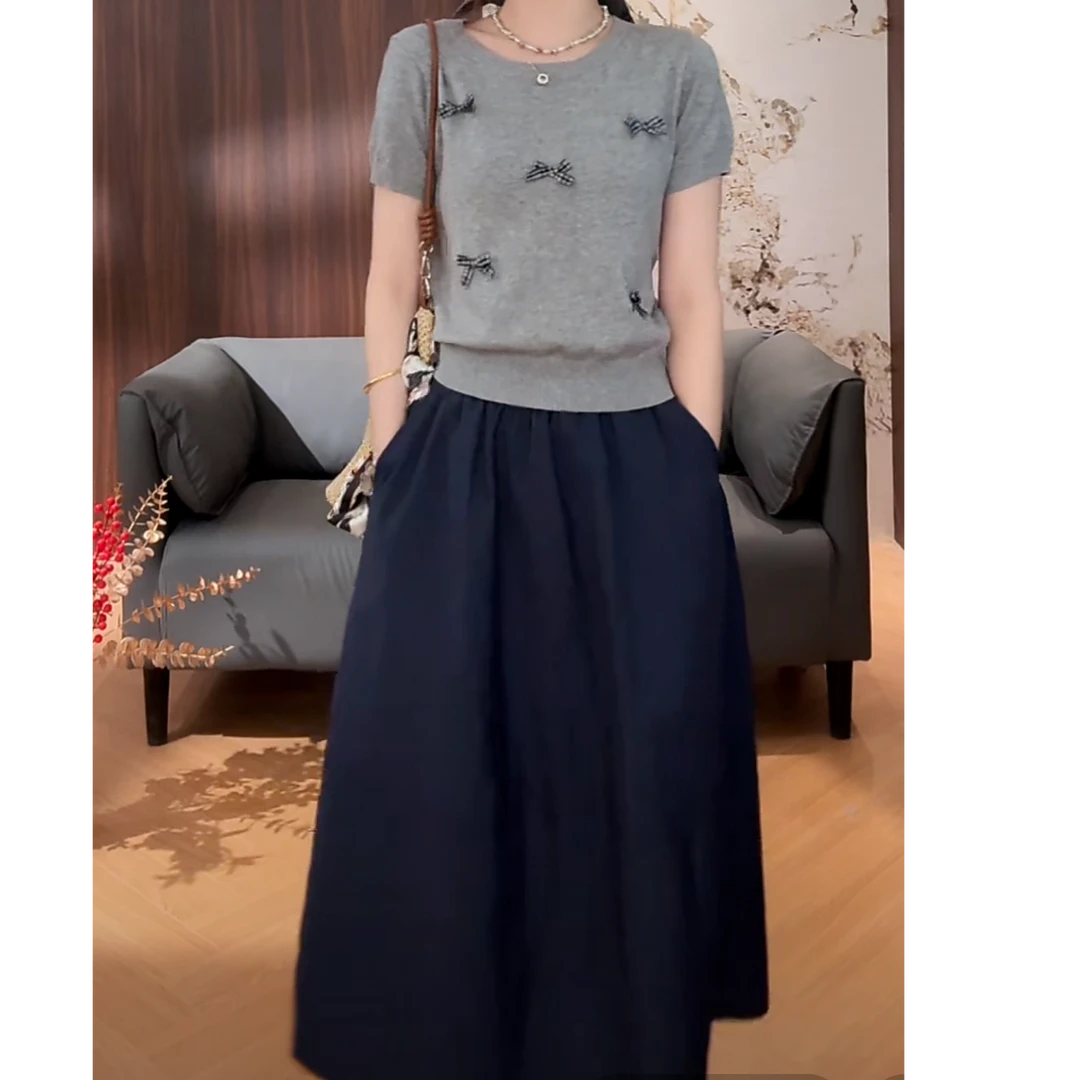 设计感藏蓝色松紧腰半身裙女春夏2025新款时尚高腰显瘦A字伞裙