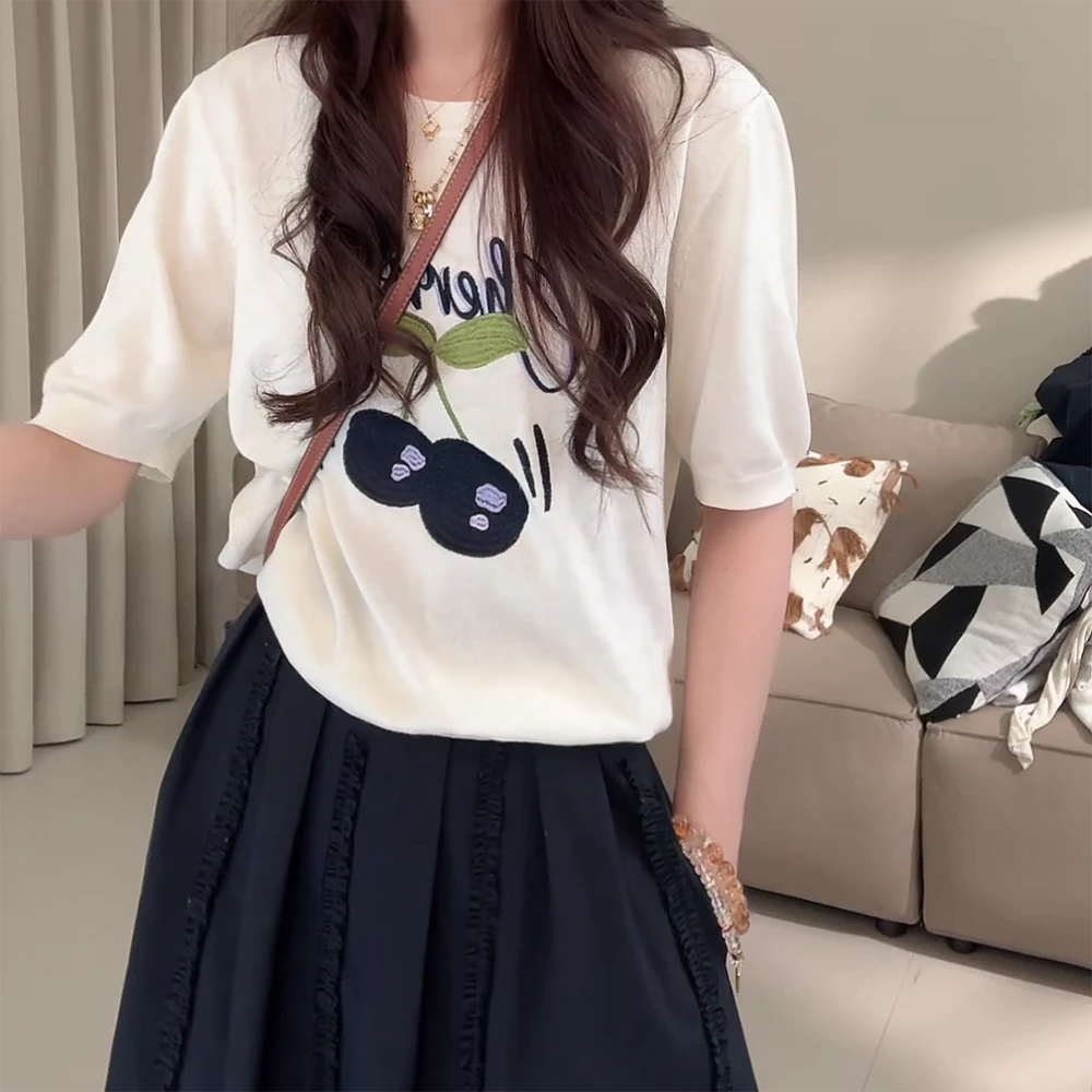 重工刺绣宽松显瘦圆领针织衫夏季凉感丝短袖上衣女2025新款C5367