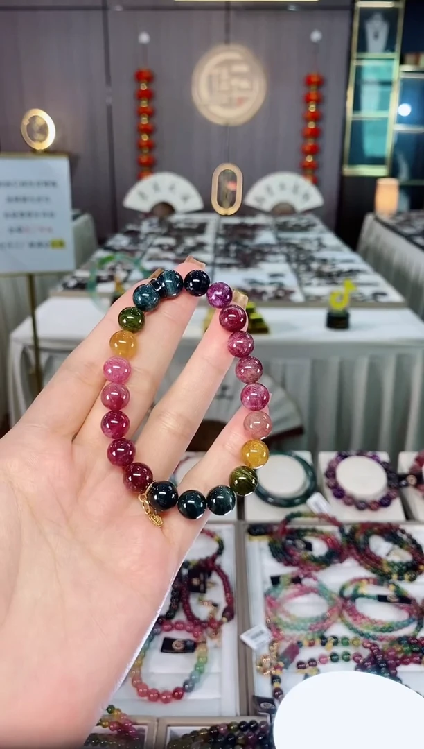 老矿碧玺色标彩虹油料单圈手串9mm+未镶嵌碧玺dan多样性发货一条