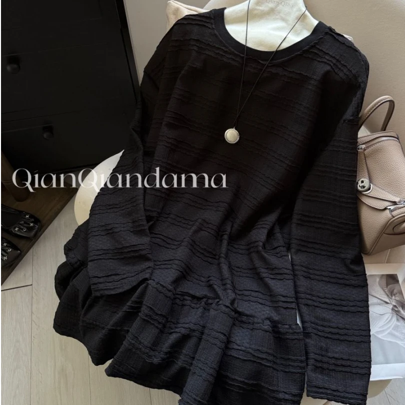 芊芊大码秋冬圆领拼接设计感蕾丝衫宽松显瘦上衣【2768】