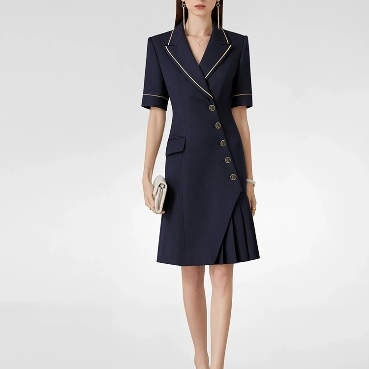 L22105中长裙纯色中连衣裙双排扣女神范时尚设计感修身收腰商务Z