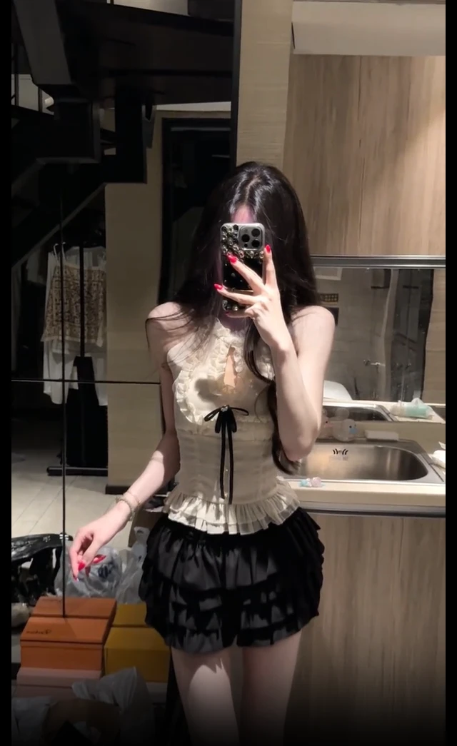 2025夏季新款法式纯欲拼接挂脖上衣女高腰显瘦气质蓬蓬半身裙套装