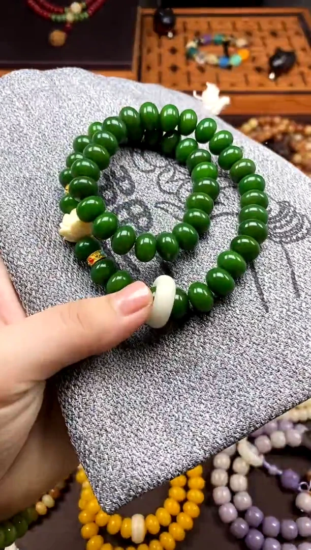 手串白玉菩提翠微 绿菩提双圈手串带莲花