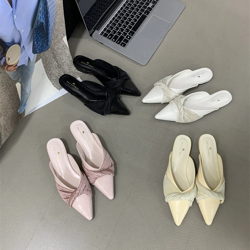 尖头气质淑女半拖鞋女2025早春新款外穿舒适粗跟懒人包头拖Q69-8