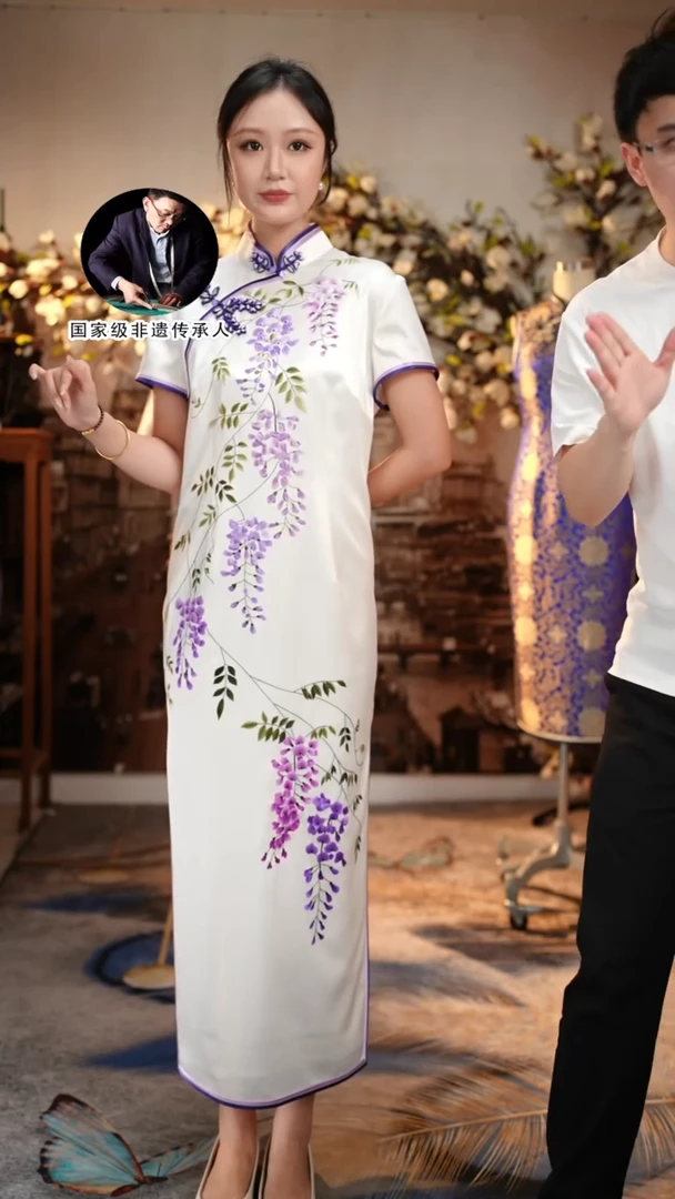 桑蚕丝丫****丫苏绣紫藤孤品旗袍2x