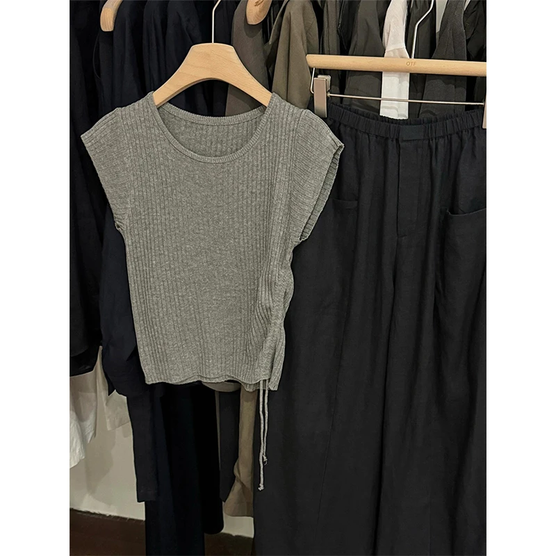 韩系灰色冰丝针织飞飞袖短袖t恤女夏季不规则系带短款修身上衣薄