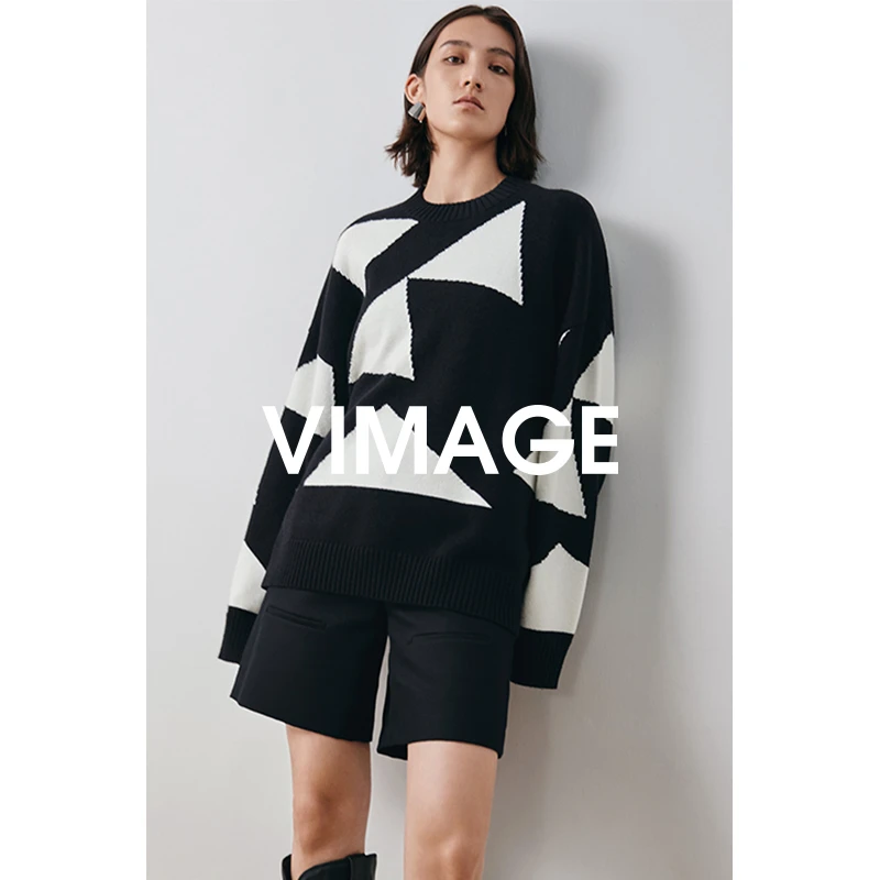 VIMAGE纬漫纪冬季新款撞色显瘦百搭基础简约针织衫