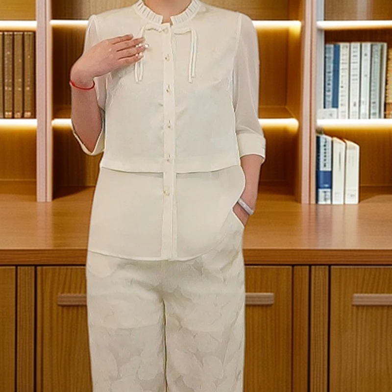 K4033时尚套装白色开衫春夏女士宽松衬衫睡衣提花中式休闲