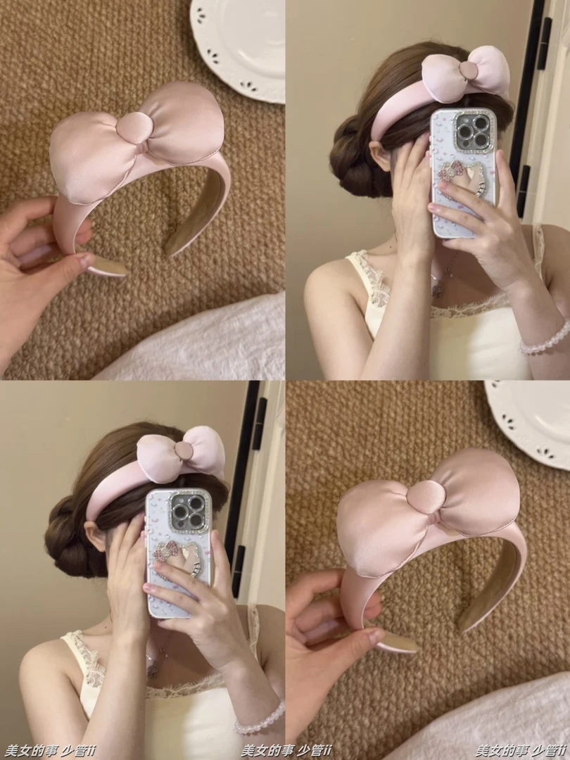 韩系粉色缎面饱满蝴蝶结宽边发箍女高级感头箍发卡日常外戴发饰