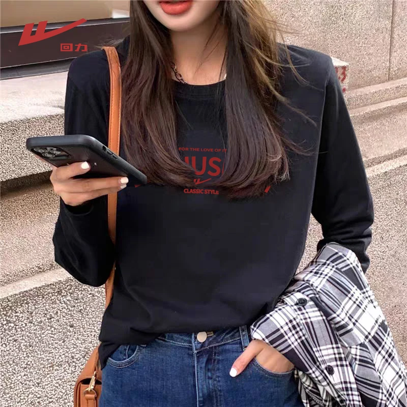 回力纯棉长袖t恤2025春秋款新款时尚潮流运动休闲风圆领上衣内搭