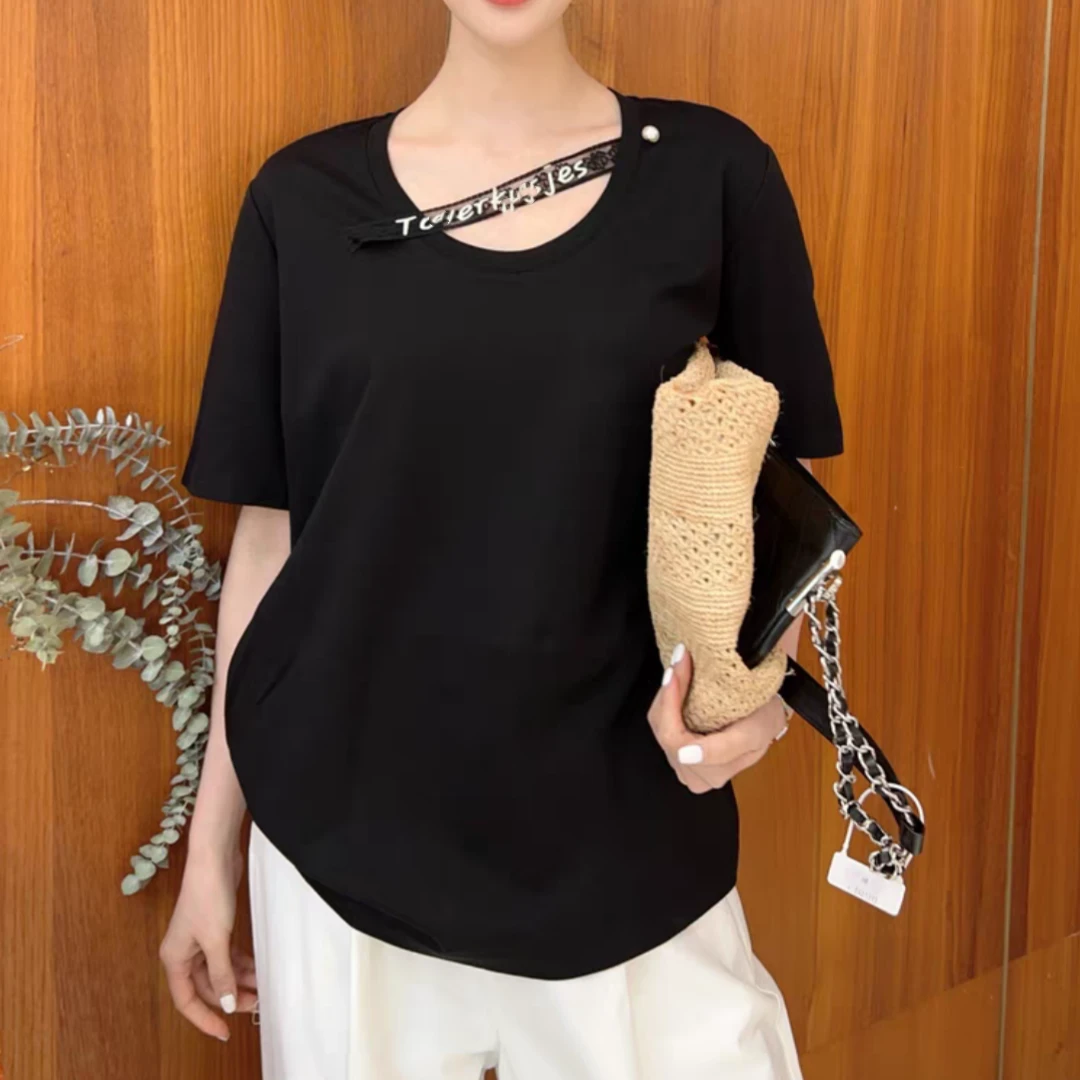 【济州岛】钉珠蕾丝斜边设计短袖3106