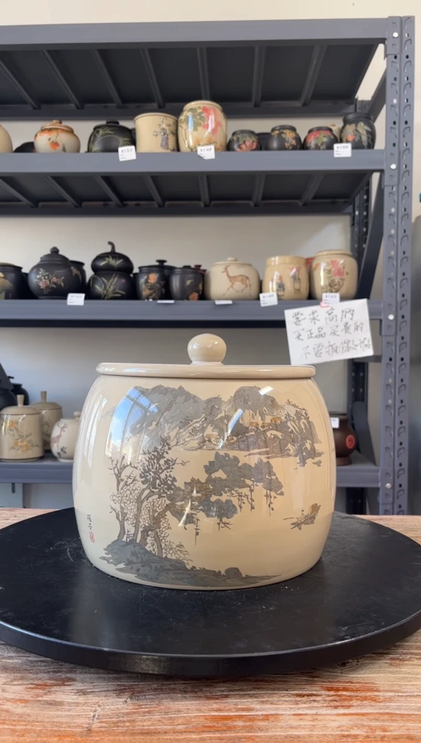建水紫陶白泥茶罐高25直径24