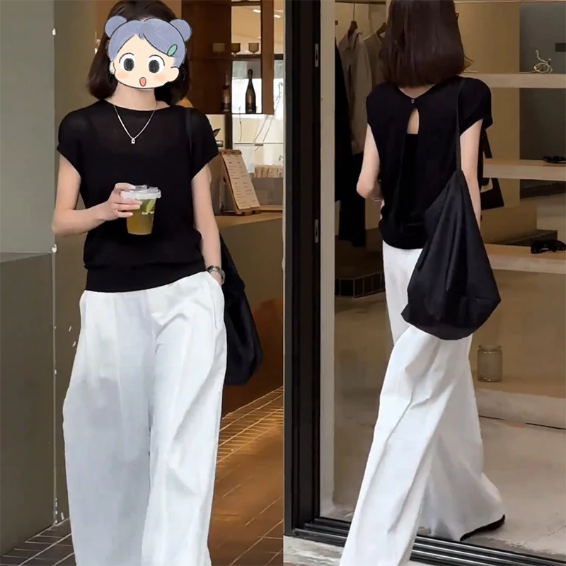 2025夏季新款时尚套装女装韩版百搭黑色短袖上衣高腰阔腿裤两件套