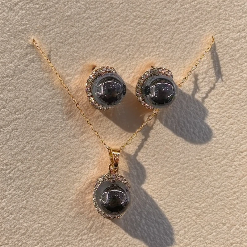 （库存处理）高定珠宝大溪地铂金灰贝珠吊坠赠一对耳环Y2029合金