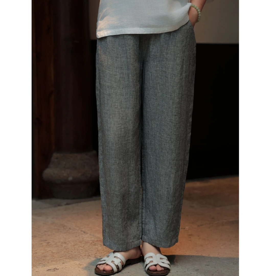 麻享【栖格小调·千鸟格】加密升级进口亚麻九分/七分裤女款FSY50700