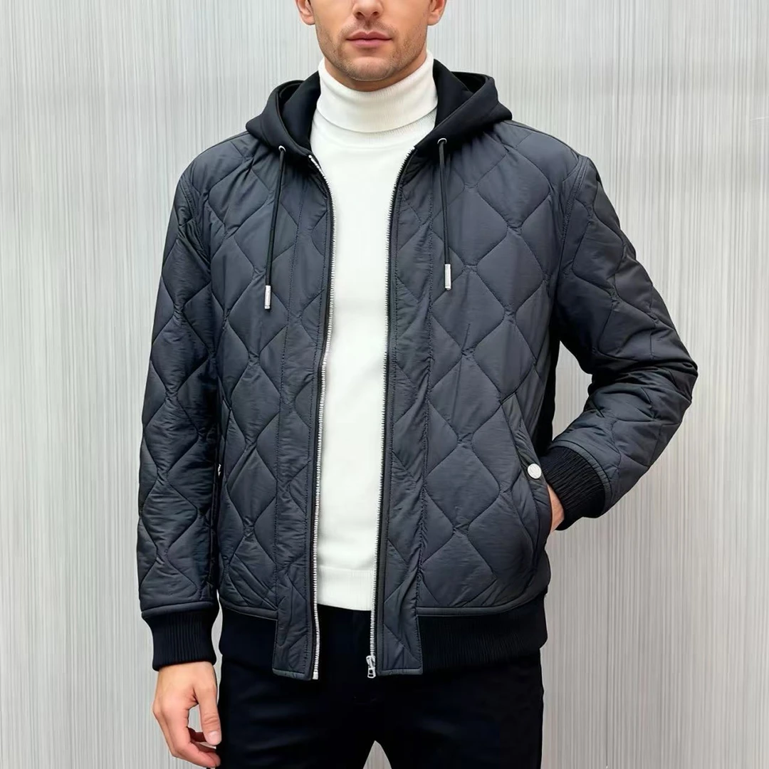 【25158】冬季新款男士修身轻薄棉服连帽时尚拉链压花纯色