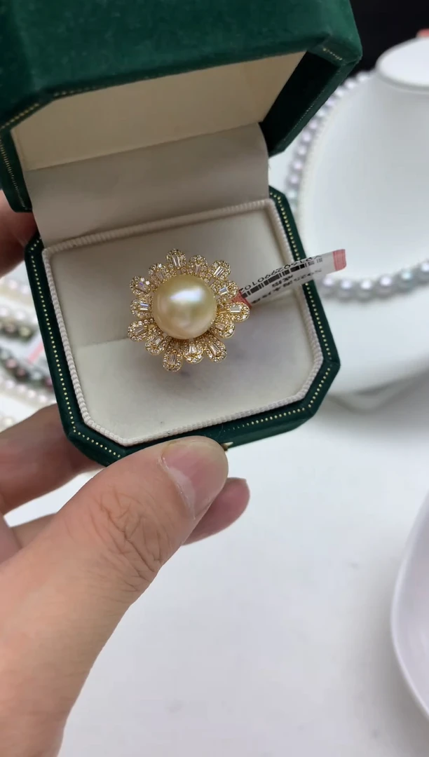 银S925镶嵌FF海水珍珠金珠戒指v016