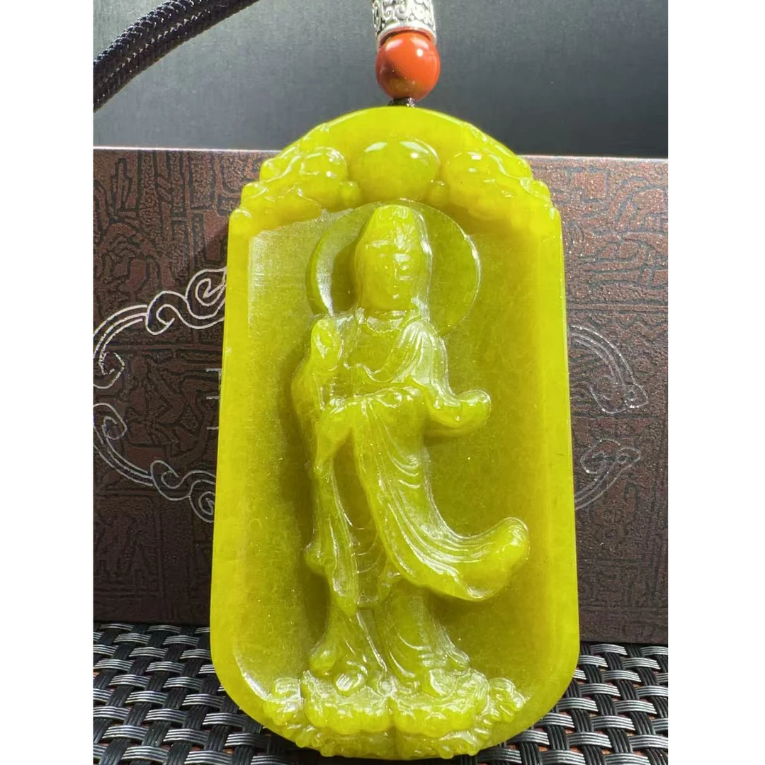 【龍帝专属】天然岫玉黄金玉国黄观音吊坠50X90MM多样性发货一个A68