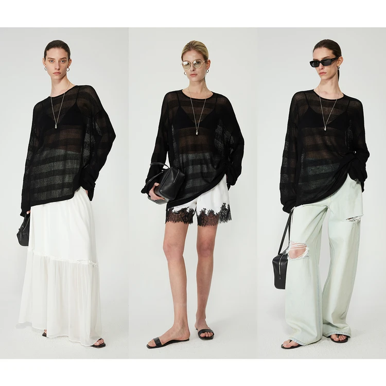 开间/懒人B备多季通穿滑爽弹韧棉丝薄透清凉条纹肌理感长袖罩衫