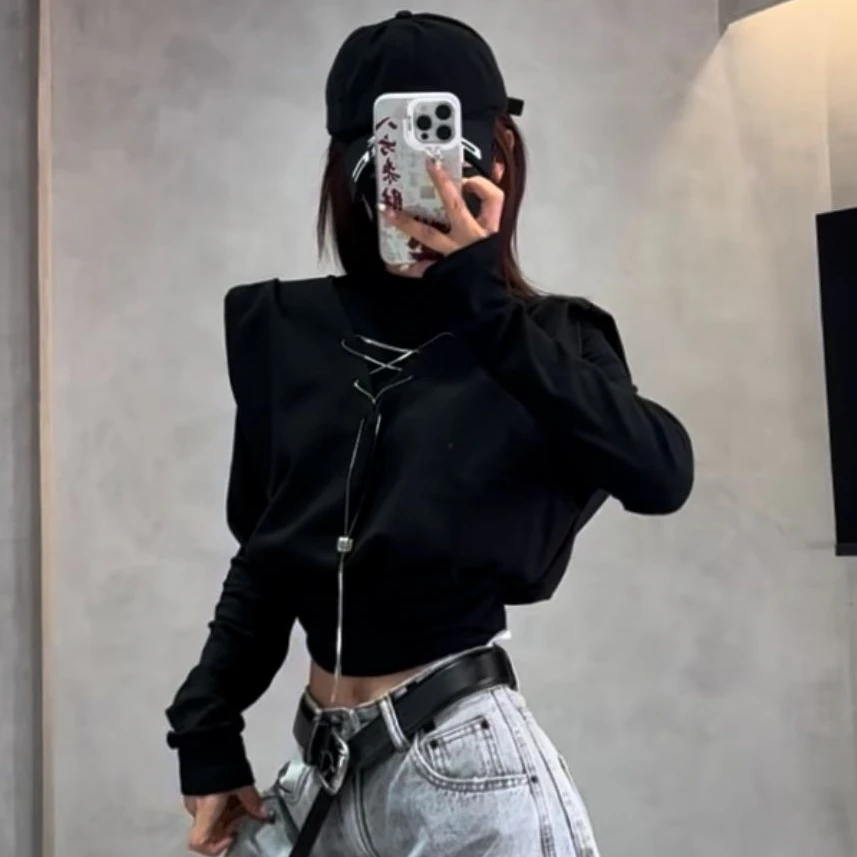 【大度定制】8923#春款链条装饰设计打底洋气假两件T恤上衣