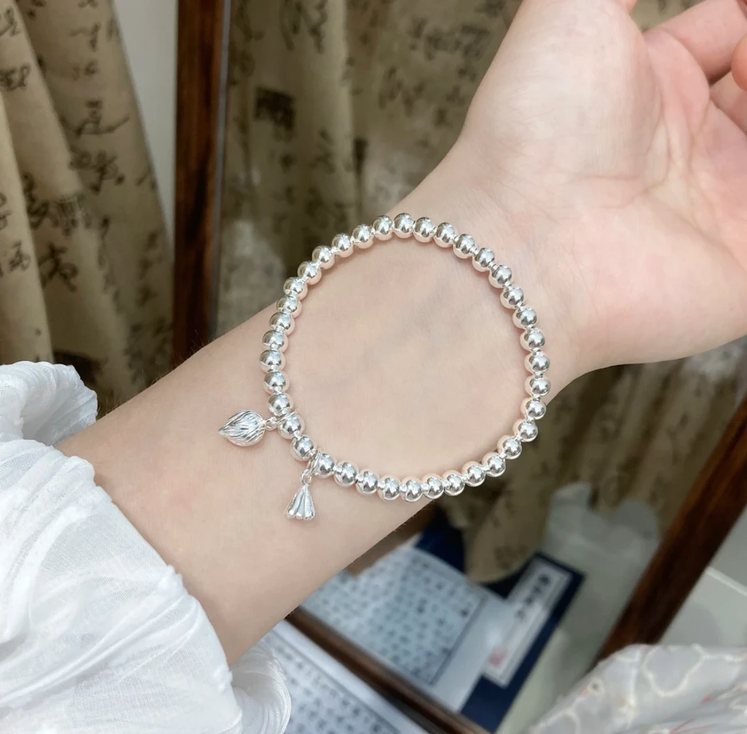 足银手链 足银9999两世欢莲蓬手链时尚百搭转运串珠手串送女友