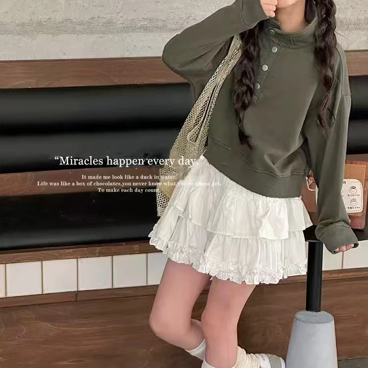 N1476白色荷叶边防走光松紧腰蛋糕裙短裙