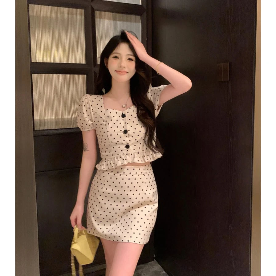 【宝藏】大码春夏季新款时尚气质波点泡泡袖上衣+半身裙两件套