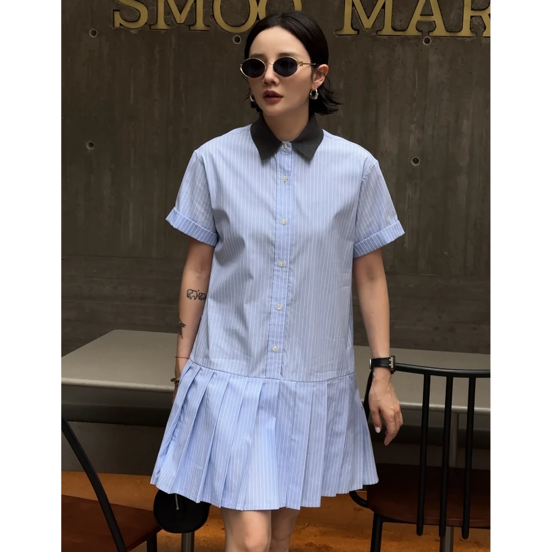 【DYMMXYMM】-早春款时尚条纹衬衫百褶连衣裙 - 5SSW7662