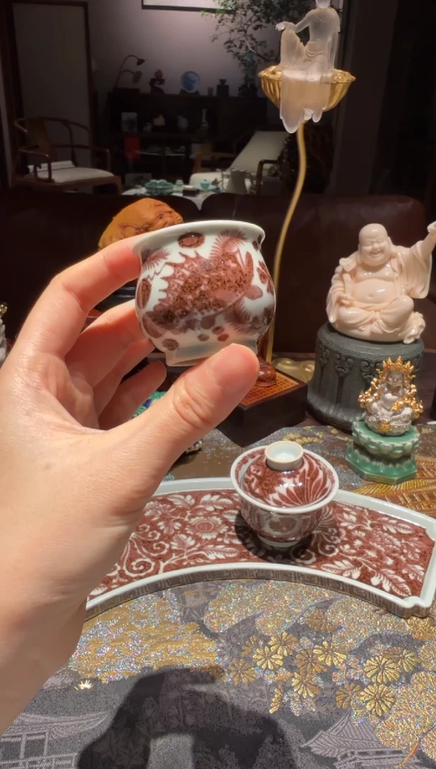 见***?釉里红鲑鱼纯手绘小炉式杯