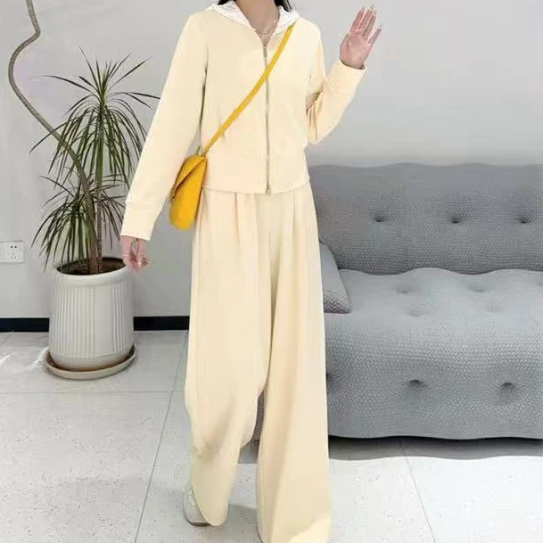 【艾萱萱】89070款连帽拼接蕾丝卫衣阔腿裤两件套女 上约51裤105