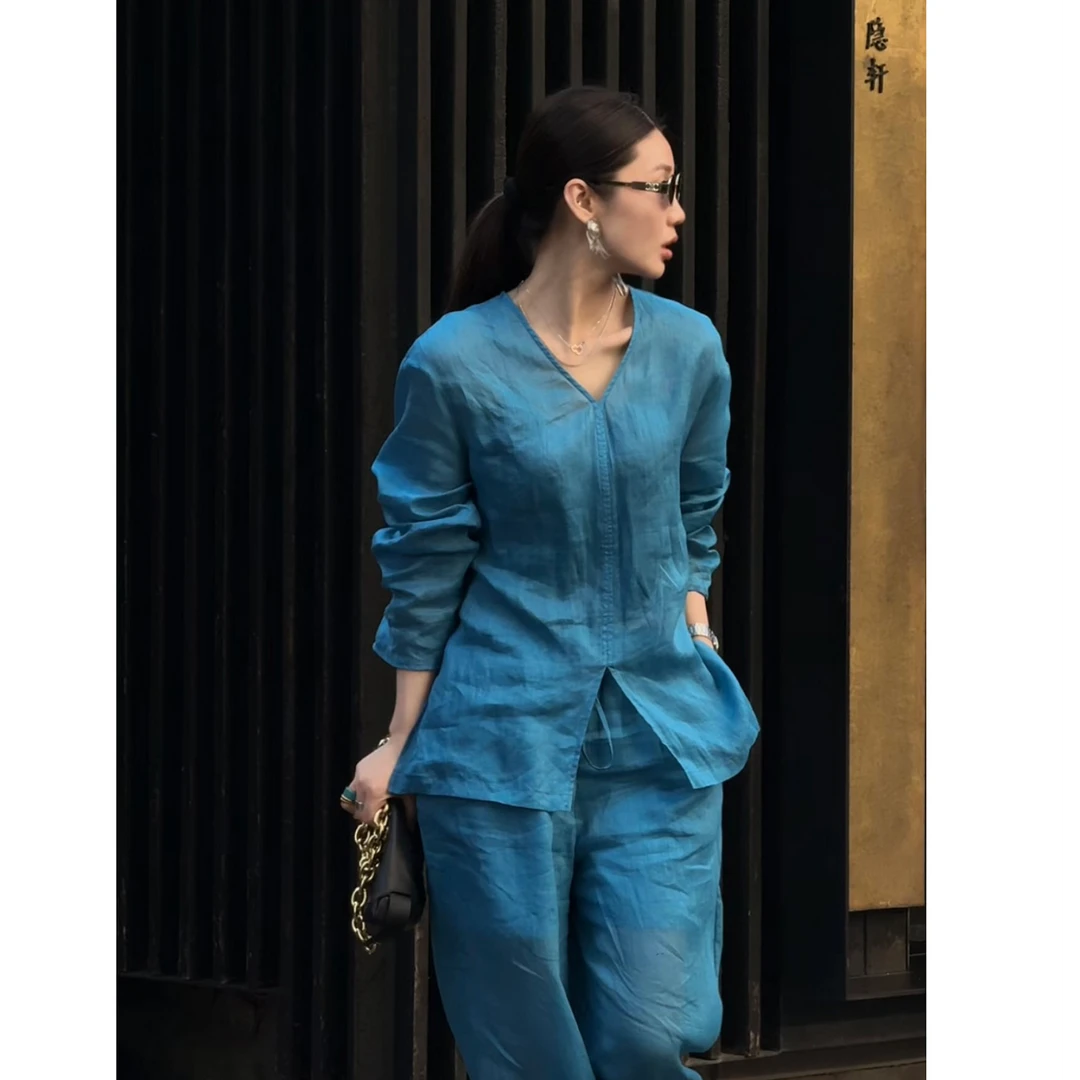 AmandaWang【孔雀蓝】夏季苎麻套装松弛感老钱V领休闲风B413-2509