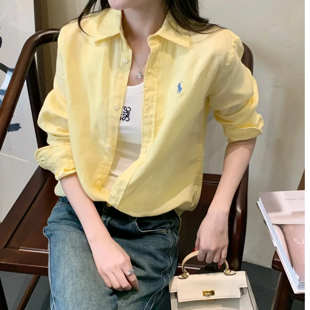 鹅黄色小马刺绣衬衫女2025夏季轻奢高级感小轻奢个子百搭长袖衬衣